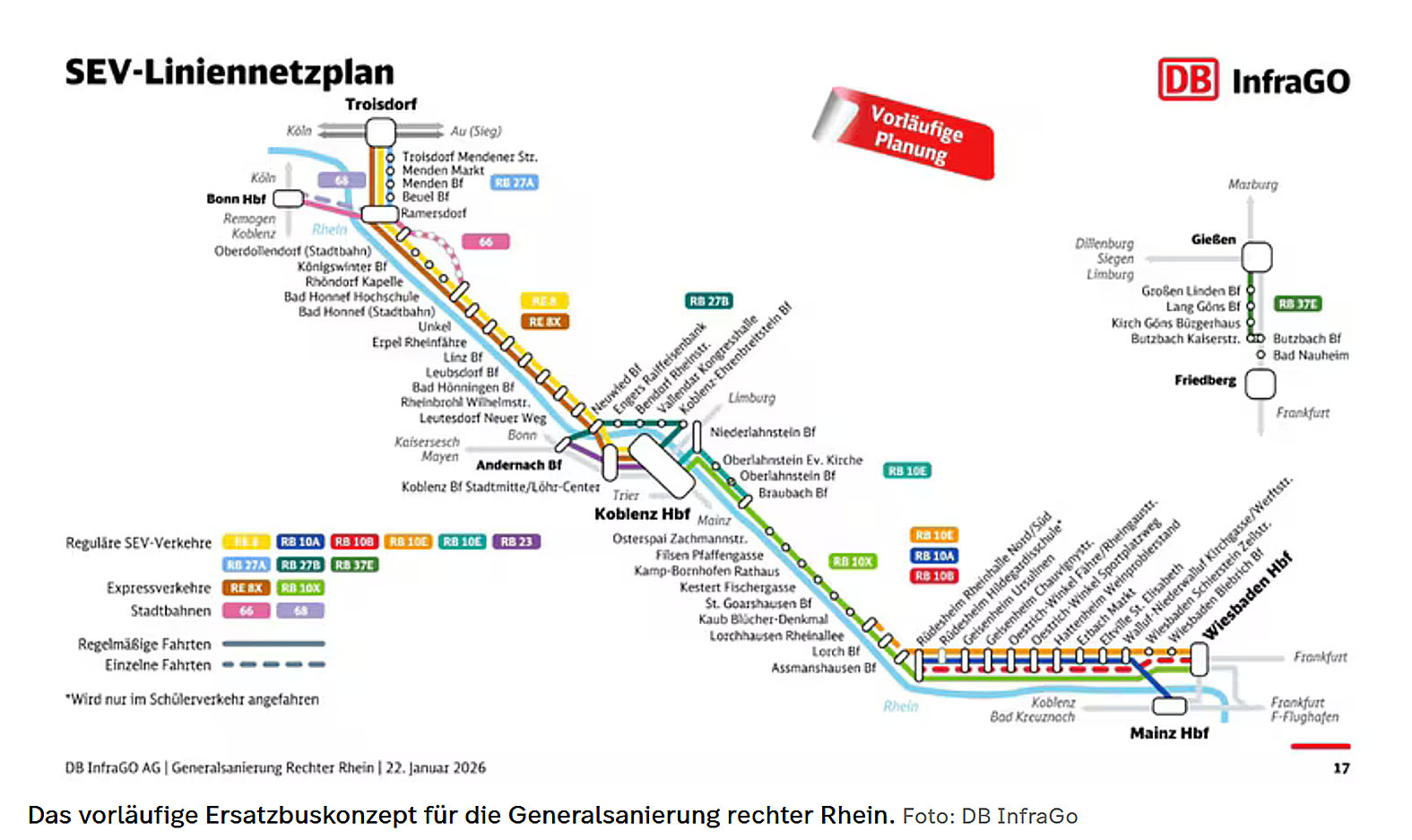 Grafik: Plan f�r Schienenersatzverkehr w�hrend der Sperrung der rechtsrheinischen Bahnstrecke zwischen Troisdorf und Wiesbaden im zweiten Halbjahr 2026. Quelle: DB-InfraGO AG
